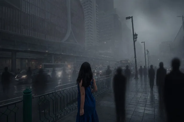 A woman standing among passing figures on a rainy city street.